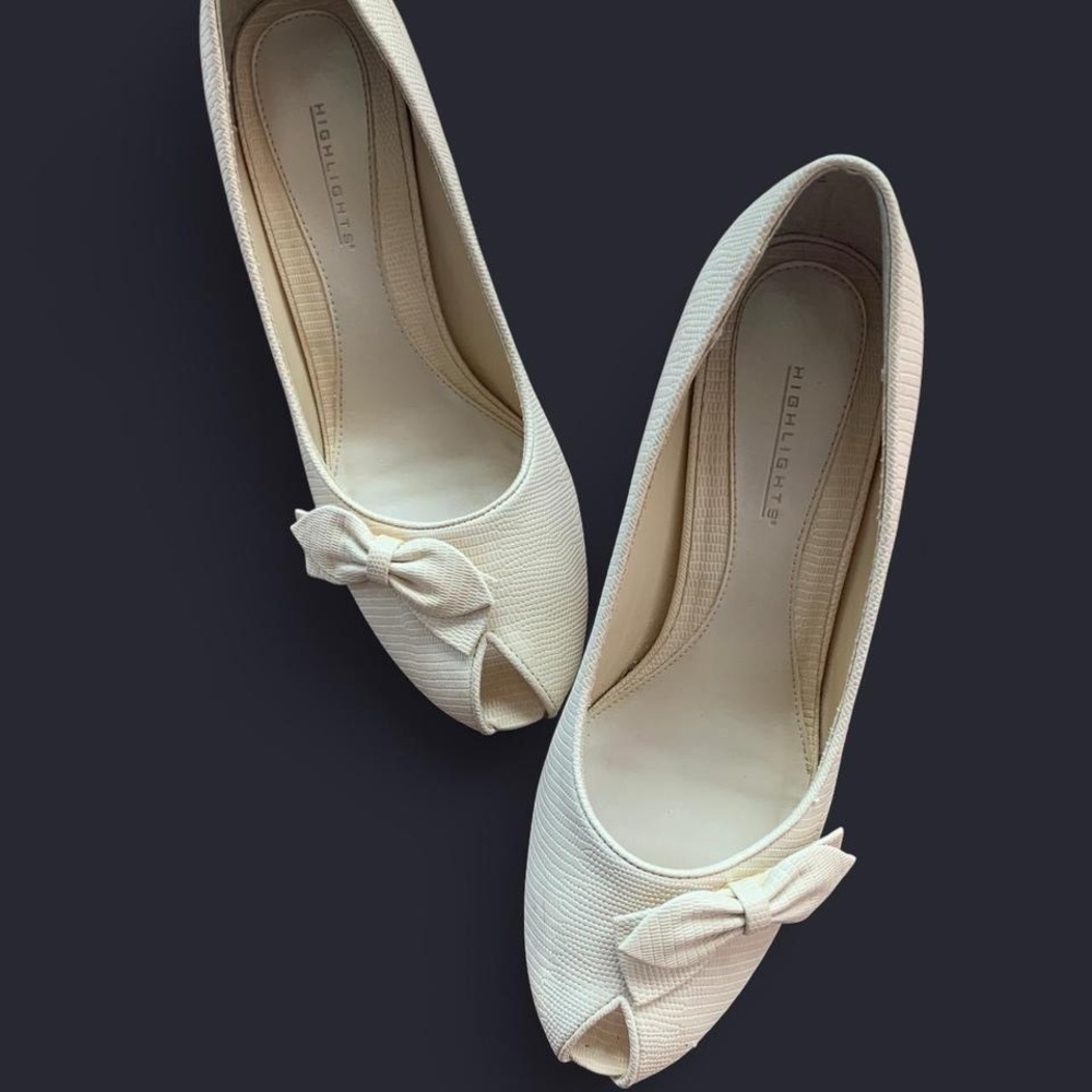Y2k vintage highlights Cream Peep-Toe Bow heels reptile embossed size 7.5